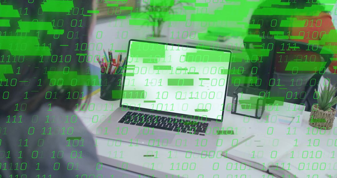 Binary Code Overlay with Laptop Highlighting Digital Creativity