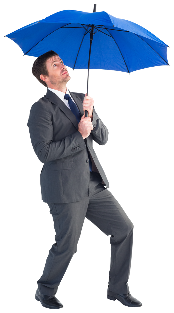 Transparent Full-Length Businessman in Suit Sheltering Under Blue Umbrella - Download Free Stock Images Pikwizard.com