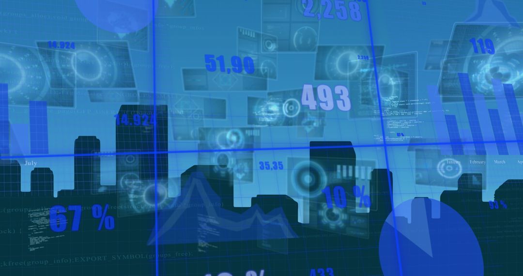 Digital Interface with Data Visualizations Over Urban Skyline
