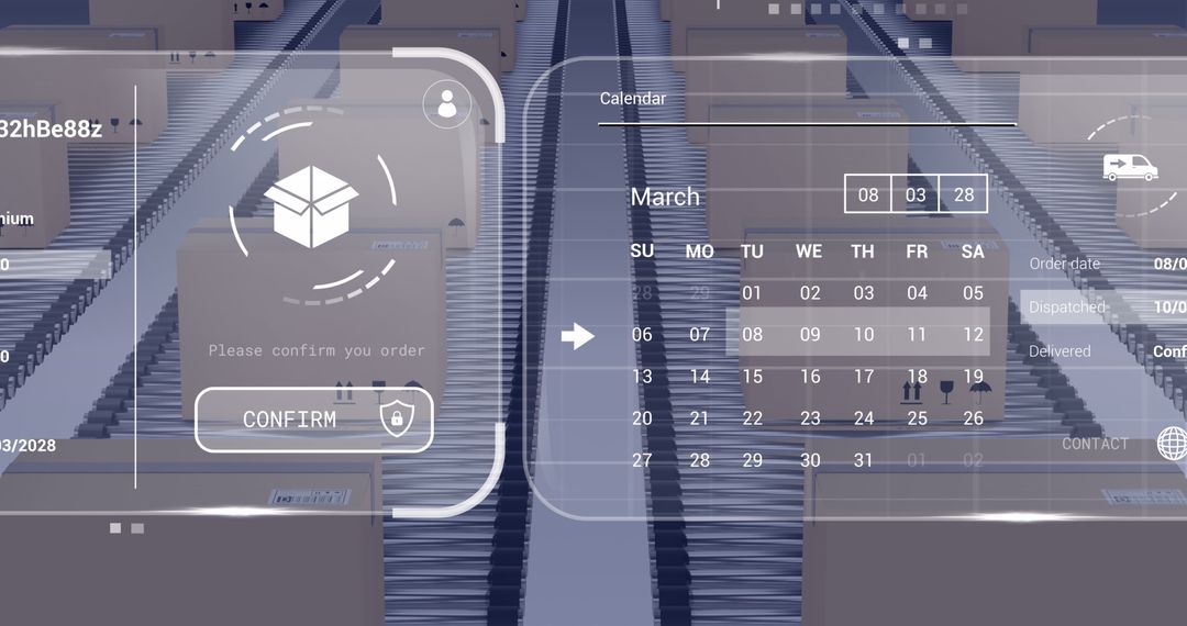 Digital Interface with Cardboard Boxes on Conveyor Belt in Warehouse