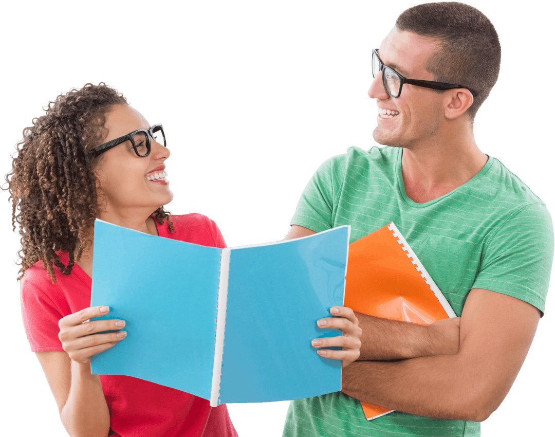 Smiling Colleagues in Glasses Sharing Notebooks on Transparent Background