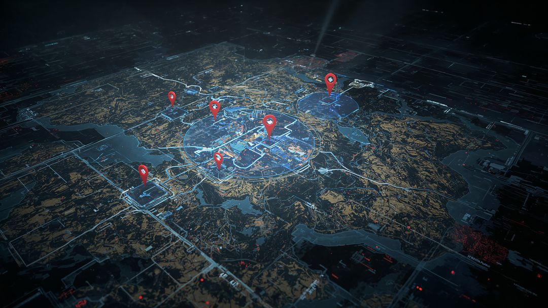 3D Terrain Map with Digital Pins Illuminated in Neon Blue