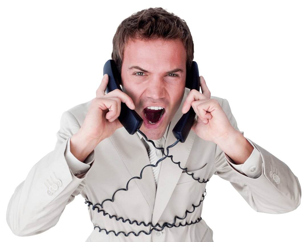 Stressed Businessman Engaged in Intense Dual Phone Calls on Transparent Background