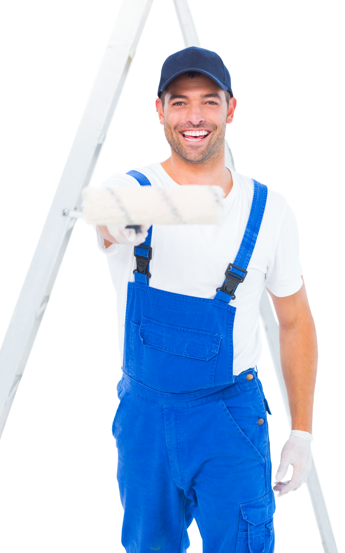 Smiling Handyman Offering Paint Roller on Transparent Background - Download Free Stock Images Pikwizard.com