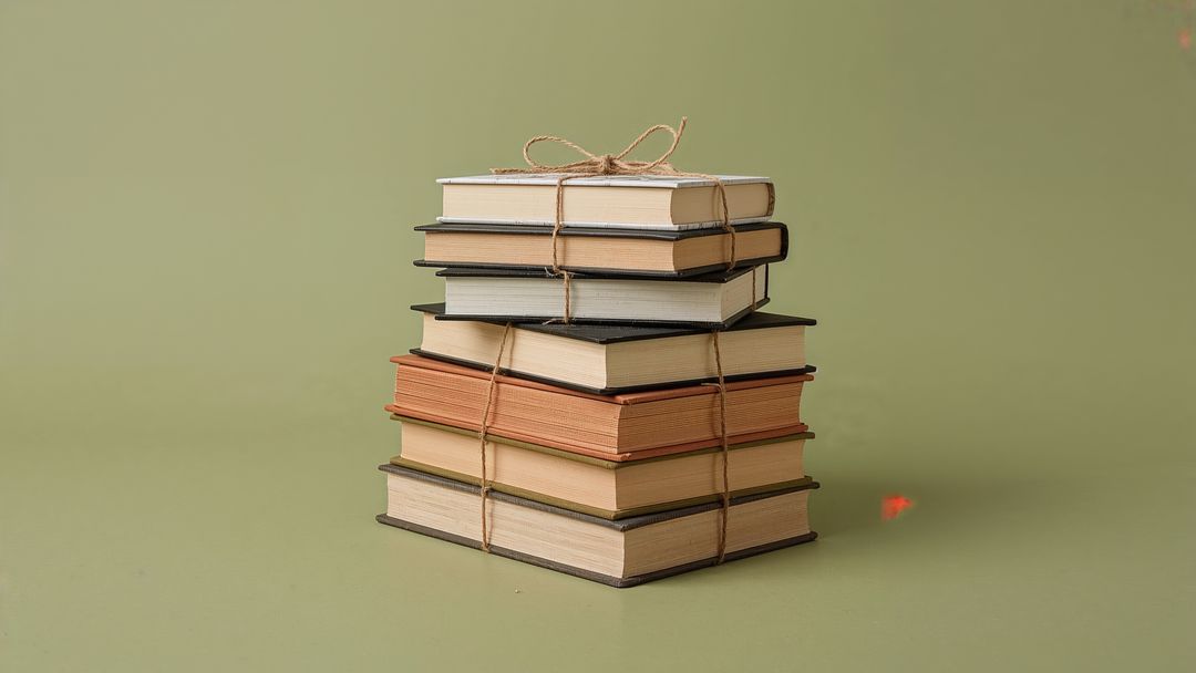 Stack of vintage hardcover books tied with twine on olive-green backdrop