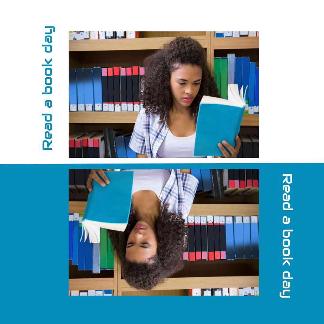 Young Woman Reading in Library to Celebrate Read a Book Day