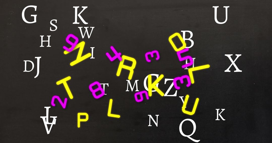 Random Scatter of Colorful Letters and Numbers on Black Canvas