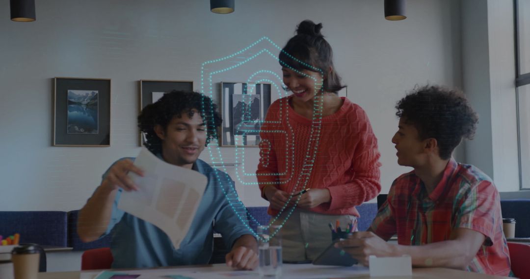 Team Discussing Technology with Digital Security Concept