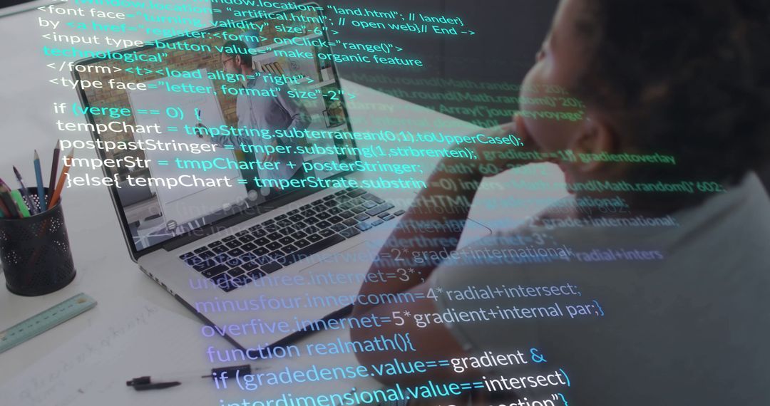 Focused Programmer Innovating on Laptop with Code Overlay