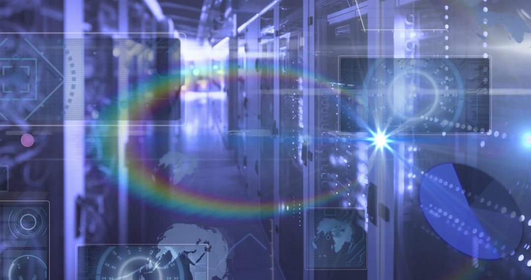Futuristic Data Center Corridor with Holographic Displays