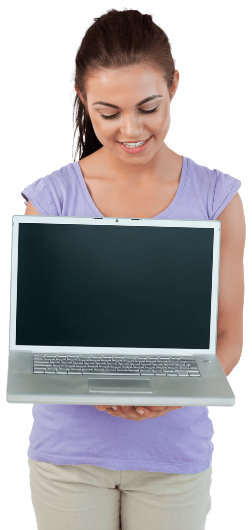Smiling Young Woman Holding Laptop Displaying Blank Transparent Screen