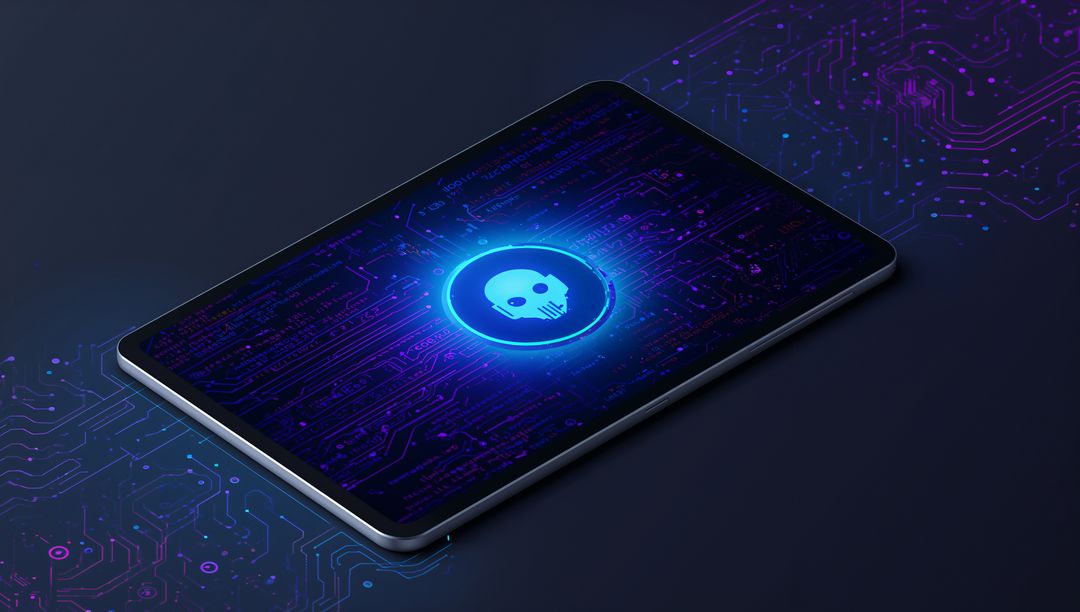 Tablet with Neon Skull Icon on Digital Circuit Board Background