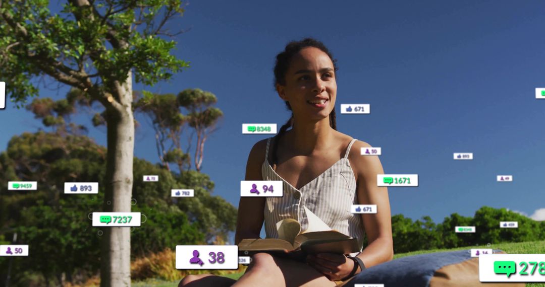 Woman Leisurely Reading Outdoors with Digital Media Visualization