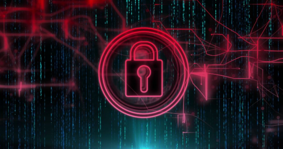 Glowing Red Padlock on Digital Grid Symbolizing Cybersecurity