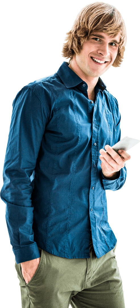 Smiling Hippie Businessman Texting with Smartphone, Transparent Concept