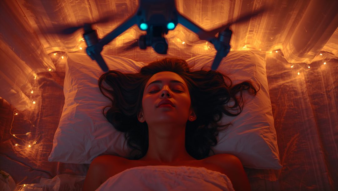 Serene Woman Relaxing with Drone in Ambiance of Smart Bedroom
