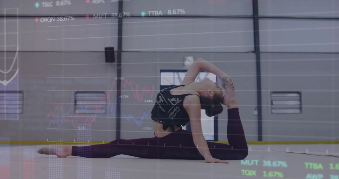 Young Gymnast Performing Deep Stretching Pose with Data Overlay