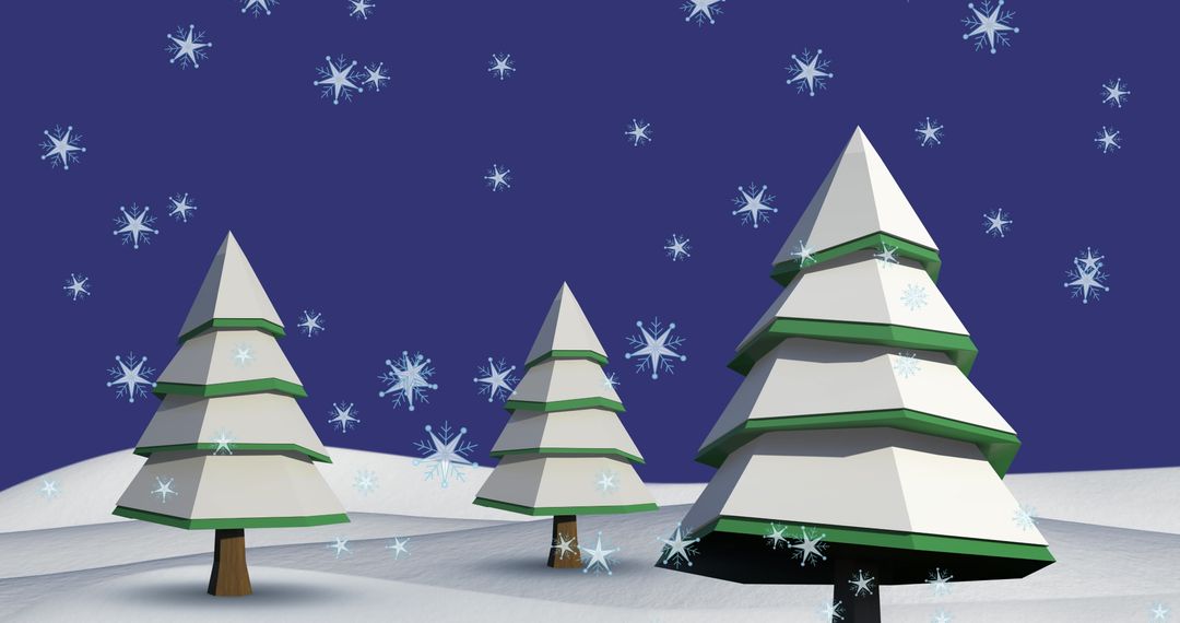 Winter Wonderland with Stylized Christmas Trees and Falling Snowflakes