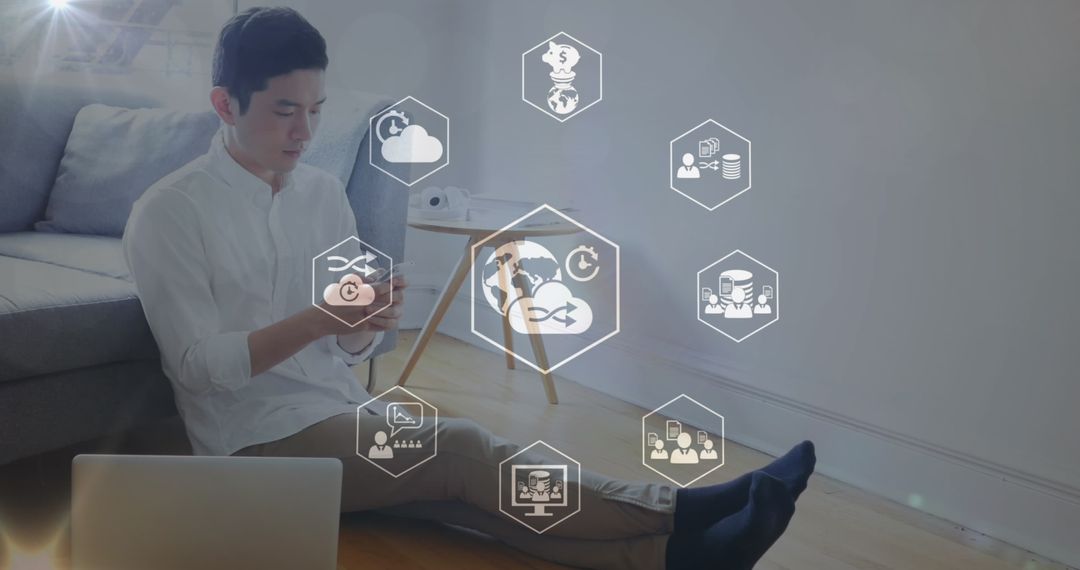 Young Man Engaging with Global Technology on Smart Device