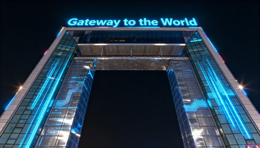 Gateway to World Neon Arch Illuminating Night Sky Over Futuristic Glass Portal