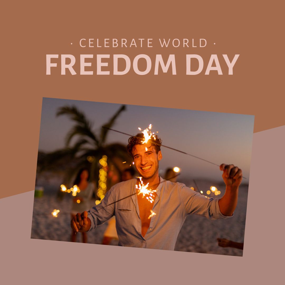 Young Man Celebrating World Freedom Day Holding Sparklers at Beach