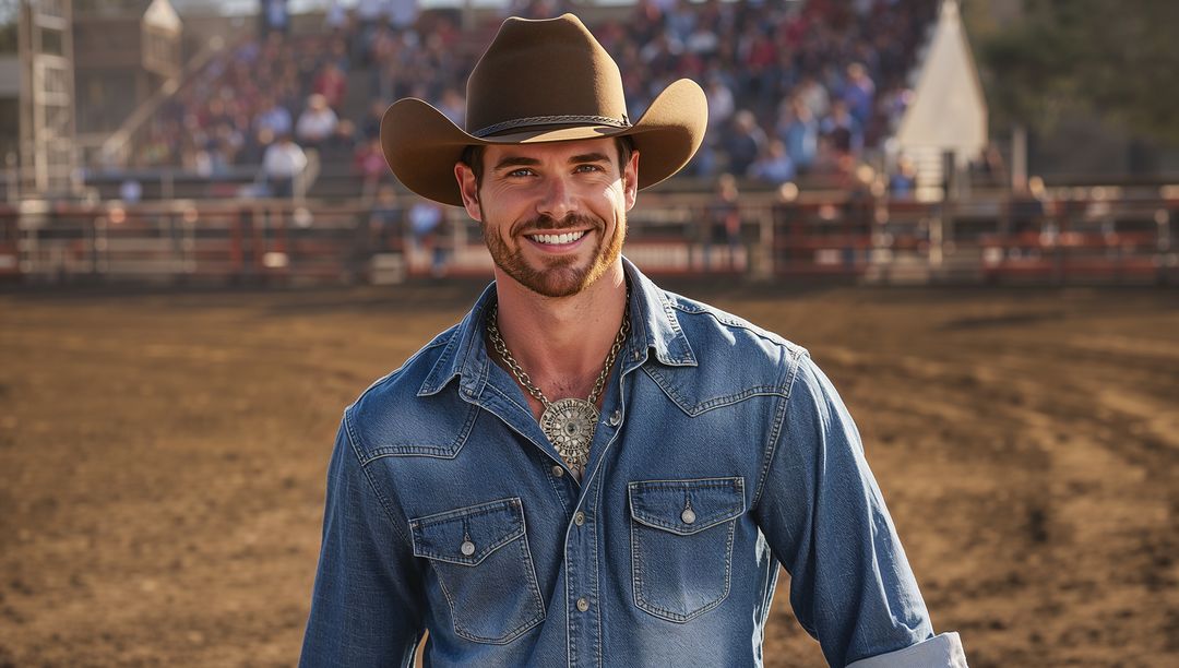 Smiling cowboy in rodeo arena with denim and bolo tie