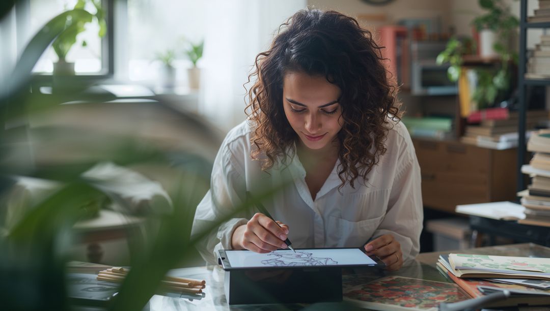 Curly-Haired Artist Drawing on Wide Tablet with Stylus in Bright Home Studio Workspace