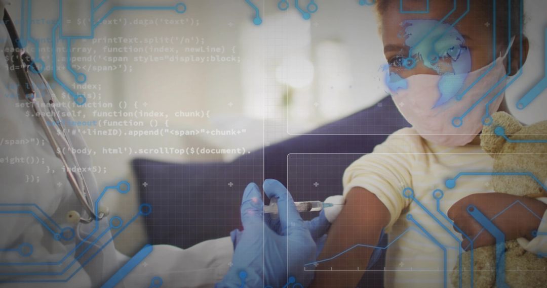 Pediatric nurse vaccinating masked child on couch with teddy and digital health overlays