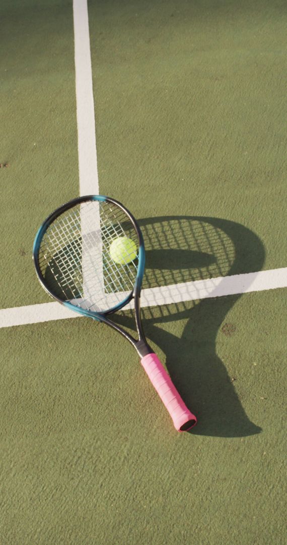 Tennis Racket and Ball on Court in Sunlight