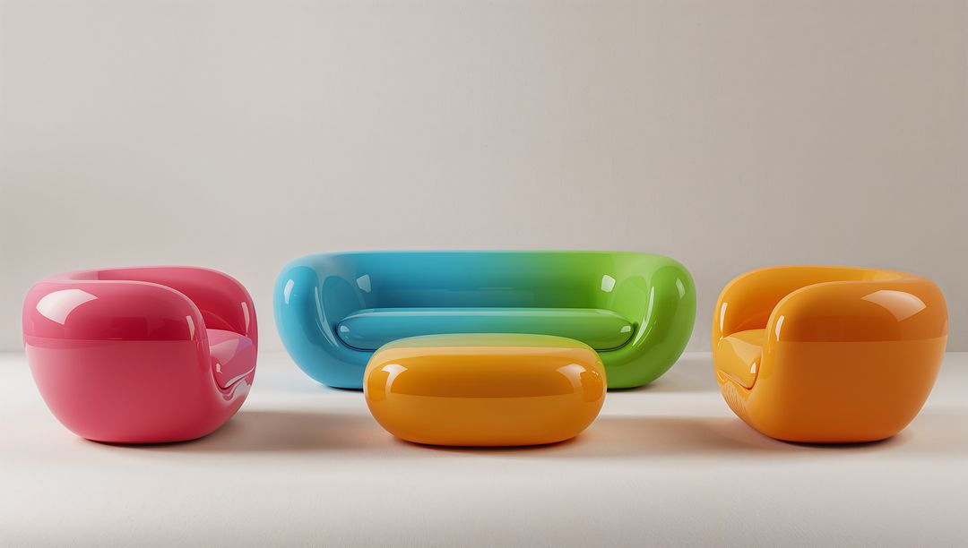 Showcasing glossy retro-futuristic modular seating in coral cyan lime and tangerine