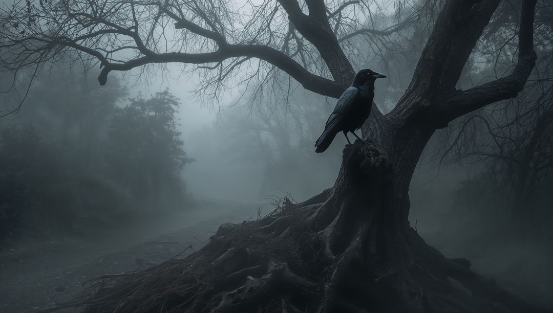 Mystical Crow on Foggy Tree Roots in Enchanted Forest