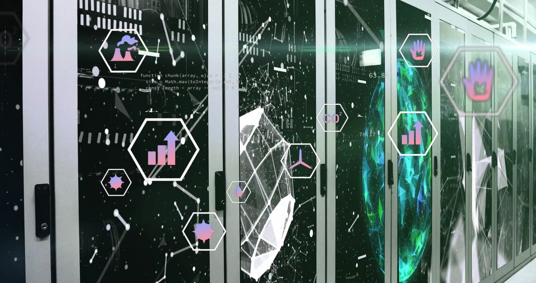 Digital Interface and Ecology Icons Over Data Servers Room