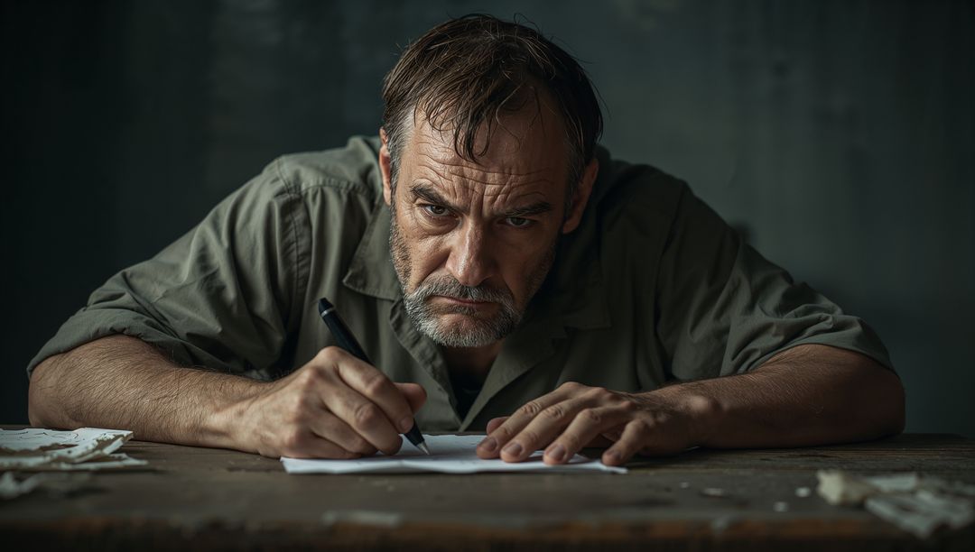 Focused Man Writing at Table in Moody Rustic Setting