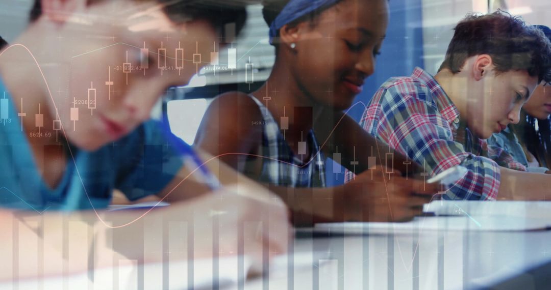 Students Learning in Classroom with Financial Chart Overlay