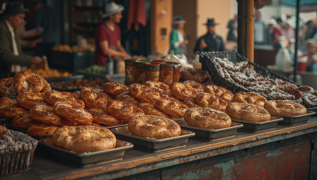 Artisan Bread Display at Bustling Outdoor Market Stall