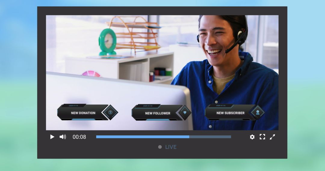 Social Media Streaming Interface with Cheering Man Wearing Headset