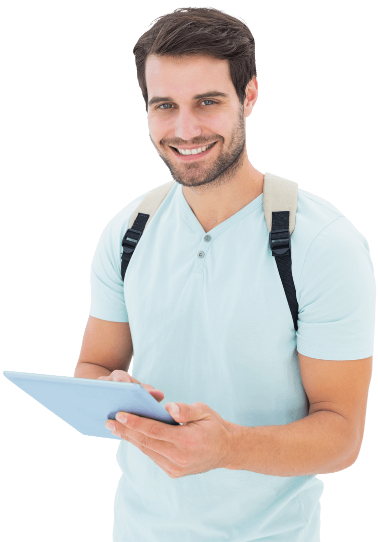 Smiling Caucasian Man Using Digital Tablet on Transparent Background