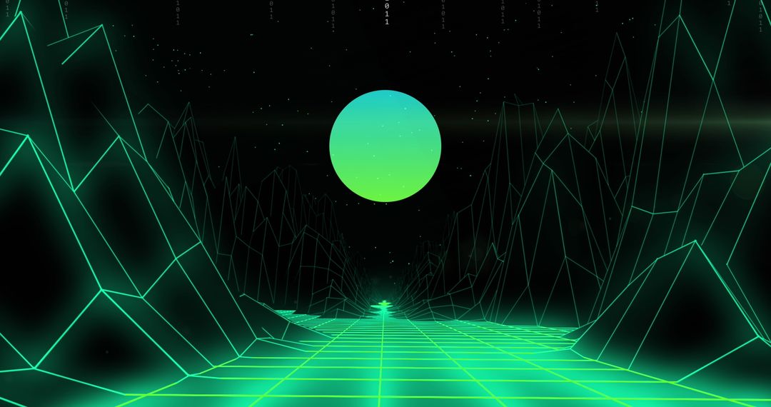 Futuristic Digital Landscape with Neon Planet and Grid