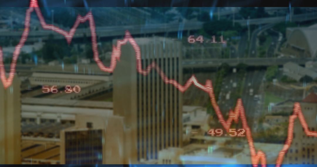 Cityscape with Stock Market Graph Overlay Showing Decline