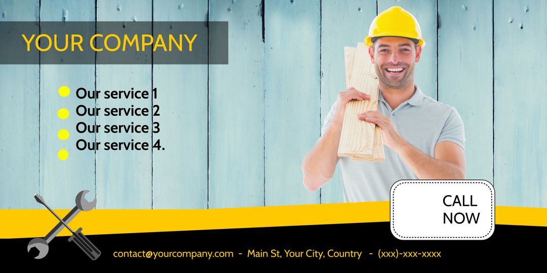 Smiling Construction Worker Holding Lumber Promotes Building Services - Download Free Stock Templates Pikwizard.com