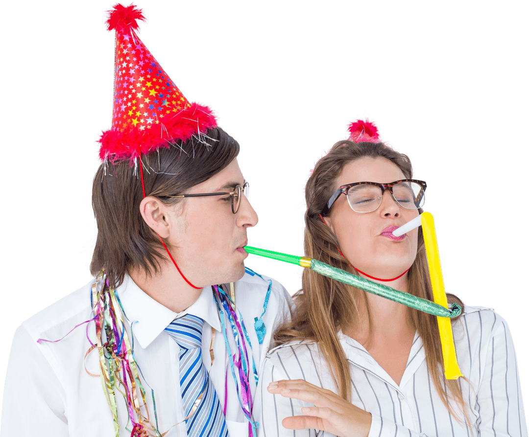 Transparent Fun Nerdy Couple Celebrating with Party Accessories