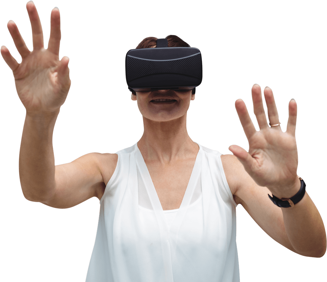 Woman Engaging with Virtual Reality Using Transparent VR Headset