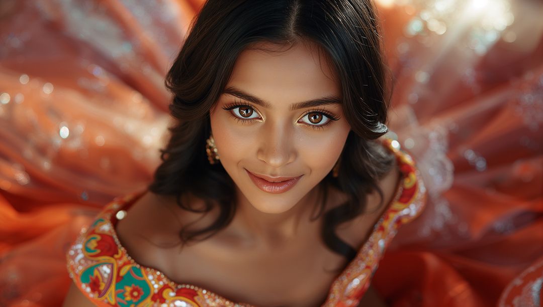 Elegant Model Wearing Vibrant Ornate Orange Gown Displaying Sophistication