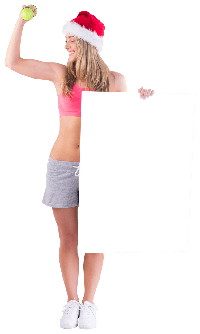 Smiling Woman with Santa Hat Holding Dumbbell on Transparent Background