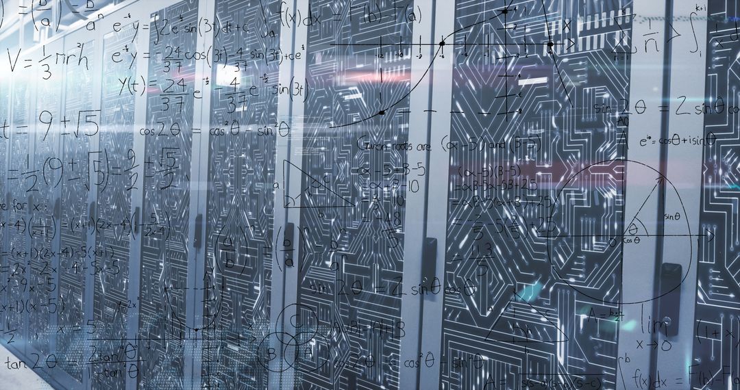 Mathematical Equations Superimposed Over High-Tech Server Racks