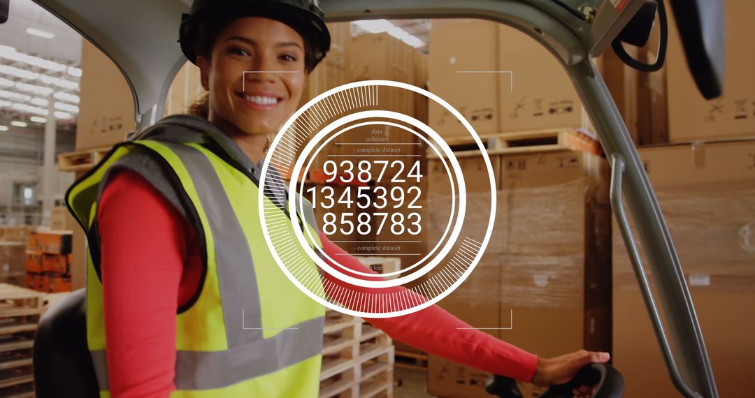 Biracial Woman Operating Forklift with Digital Data Overlay