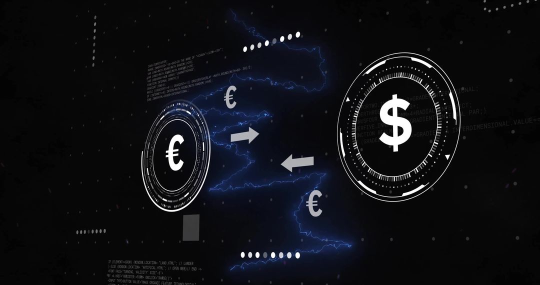 Neon Currency Exchange HUD Showing Dollar to Euro Digital Transfer Visualization