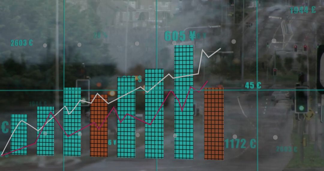 Financial Data Visualization Over Cityscape with Bar Graphs and Charts