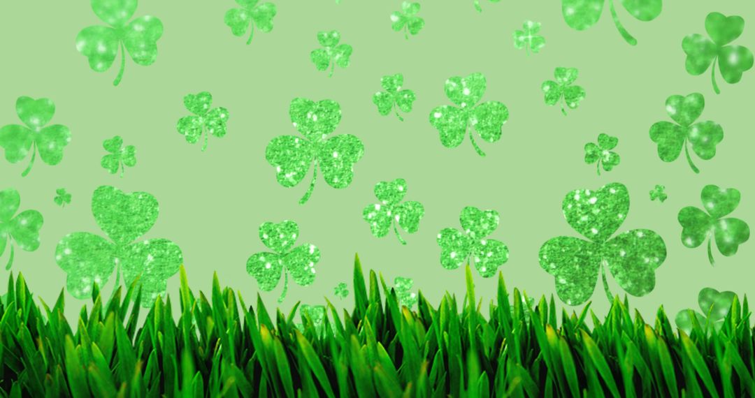 Glittering Shamrocks on Green Background with Grass