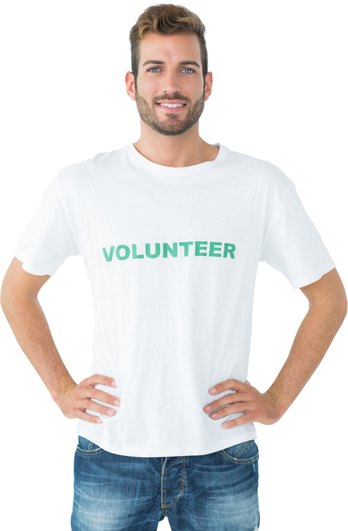 Happy Male Volunteer with Hands on Hips and Transparent Background - Download Free Stock Images Pikwizard.com